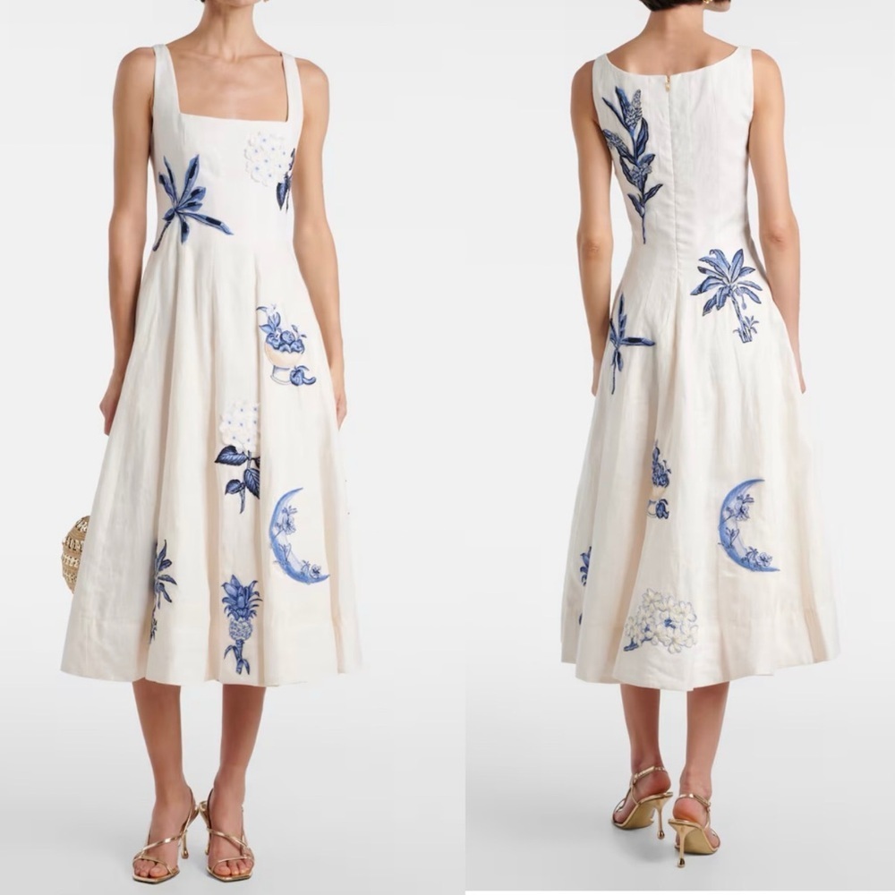 NEW Agua By Agua Bendita Fontera Wild Embroidered Linen Midi Dress Size Medium.